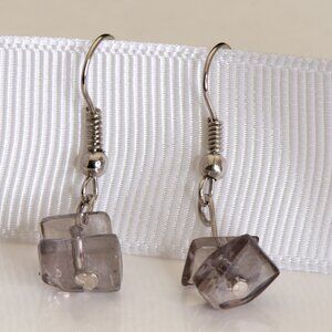 Minimalist Purple Cube Earrings, Clear Acrylic Beads, Modern Silver Tone Hooks